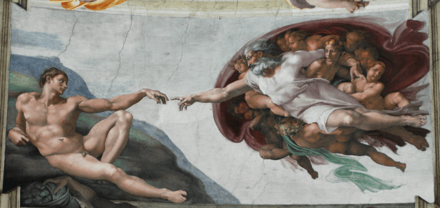 The Creation of Adam by Michelangelo, showing God in the form of an old man at full stretch reaching out to a youthful Adam who reclines nonchalantly.