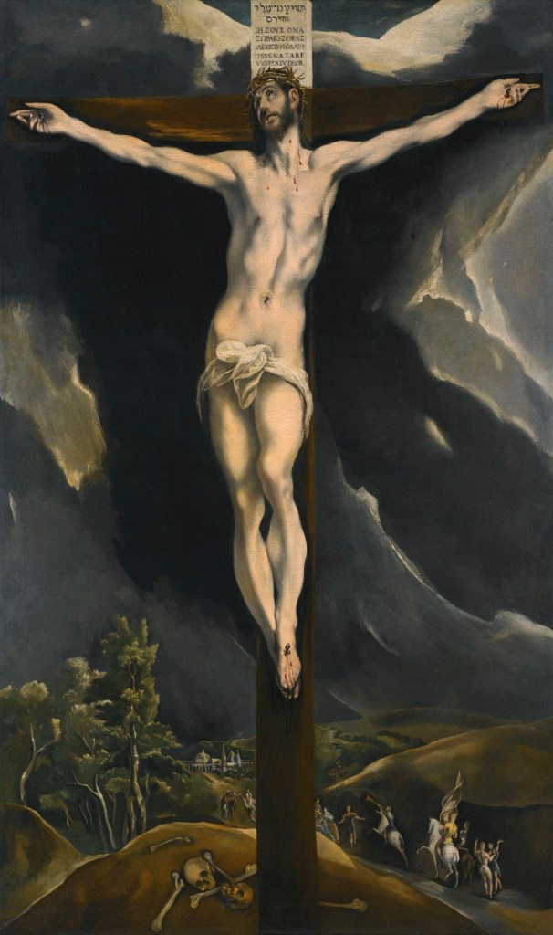 Cristo en la cruz (Christ on the cross) by El Greco. The bentness and elongation of Christ's body, along with the blackness of the background, express the emotional and spiritual pain as well as the physical.