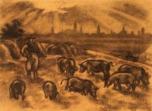 A sepia and black picture of a herd of pigs and a swineherd.