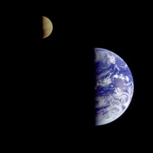 Earth and the moon from space, taken from Explorer I