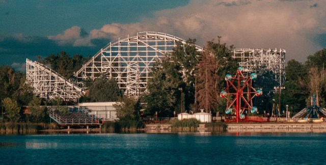 A theme park containing a rollercoaster.