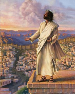 Jesus is standing on the edge of the Temple roof, the city of Jerusalem laid out before him.