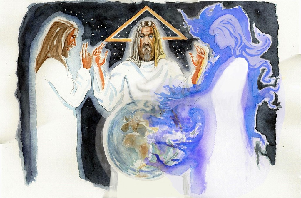 An icon of the Holy Trinity. The Father is standing centre, depicted as an old man,the Ancient of Days,to the left stands Jesus.In front of the Father is the world, planet earth seen from space.The waters of the earth continue to the left and fully envelop the Holy Spirit, depicted here in female form.