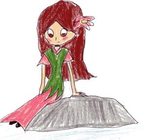 A sad looking girl with long brown hair wearing a green top and long red hair sits on a rock. The lack of background accentuates her solitude.