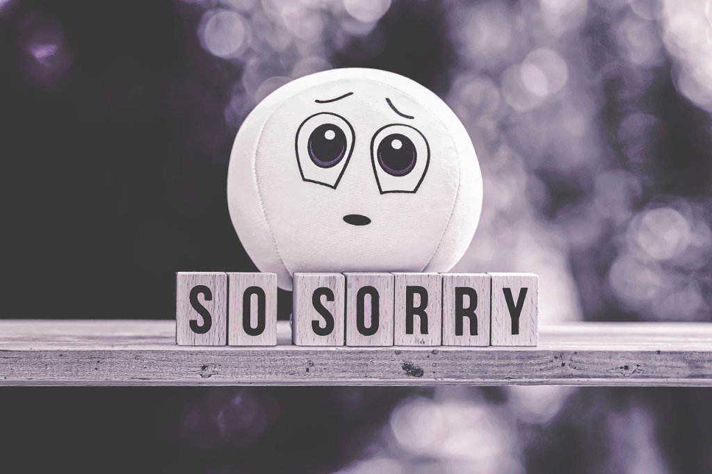 A sorrowful looking cartoon face is behind the words 'so sorry' on wooden tiles. The background is blurred.
