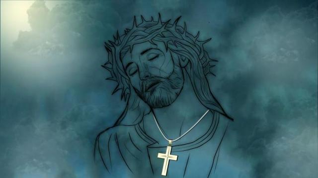 A drawing of Jesus against a dark background, wearing a crown of thorns and with eyes closed and head on one side asif on the cross, but with arms at his side. Around his neck, in contrast to the rest of the picture, is a white cross on a chain.