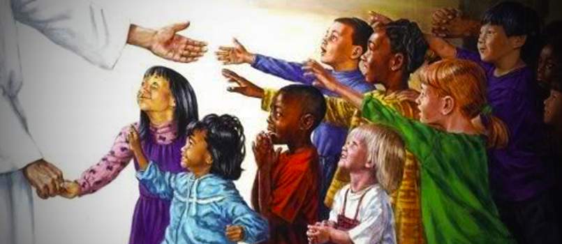 Young childrem of different ethnicities reaching towards the hand of Jesus.