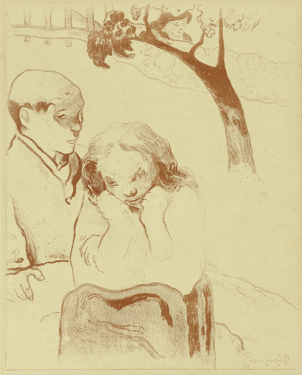 Sepia drawing, Under a tree a woman sits, head in hands. A sad man stands behind.