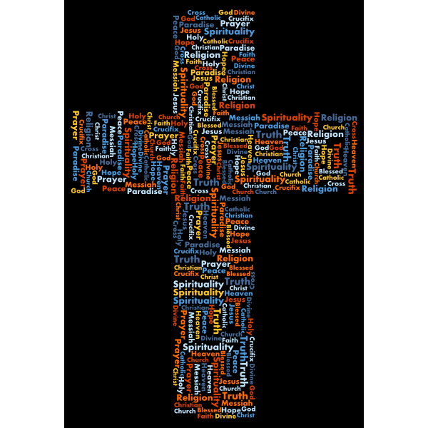 Words associated with Chruatianity are arranged in the shape of a cross.