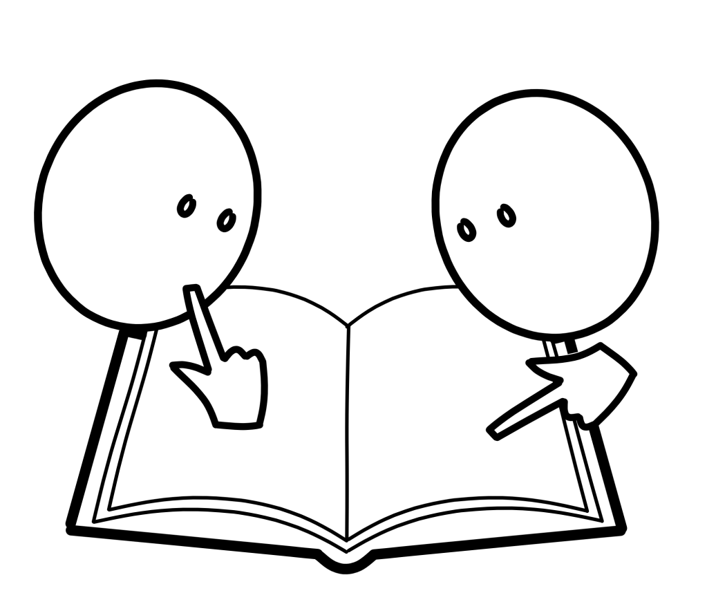 A simple line drawing. Two people look at an open book.