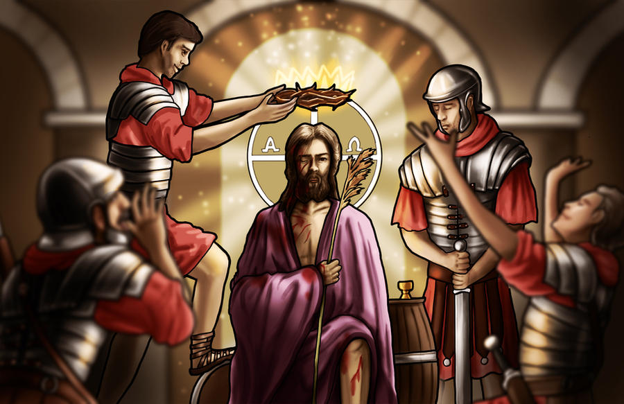 Jesus scarred from torture wearing a loose purle robe is mocked by three Roman soldiers whilst a nother places a crown of thorns on his head. The background of the picture glows in gold and contains the Greek letters Α and Ω.