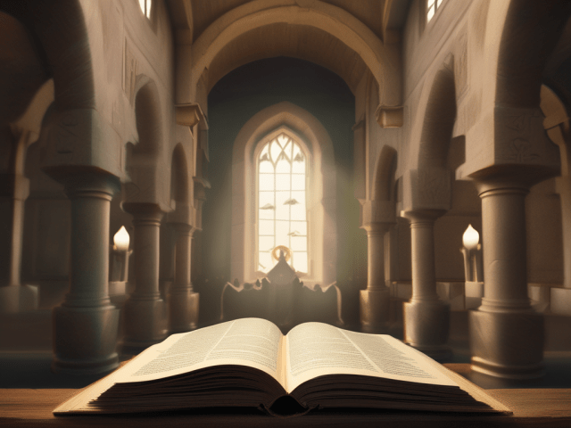 An open Bible in a church building.