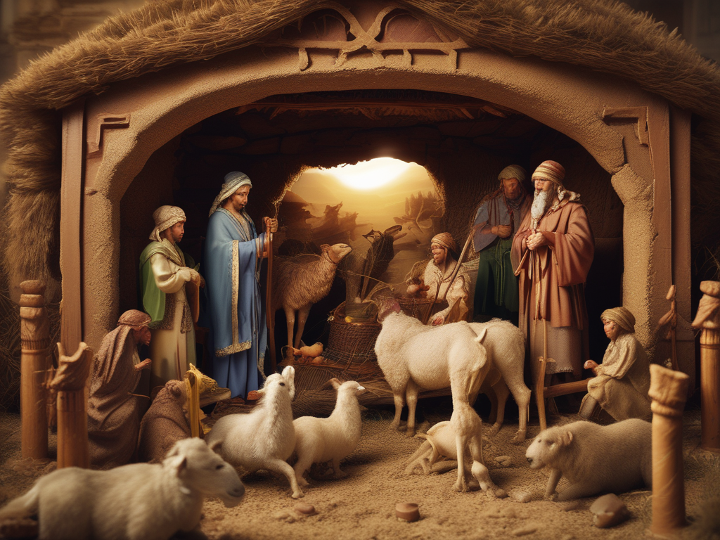An AI-generated Nativity scene with shepherds visiting the child in the manger. It includes lots of sheep but no sign of Mary