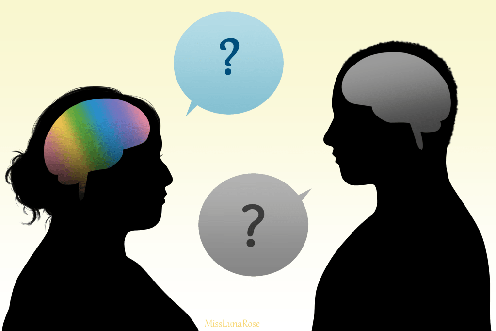 silhoettes of two heads face each other. the brain of one is in rainbow colours to depict autism and the other brain is grey to depict non-autism, both have speech bubbles containing question marks.