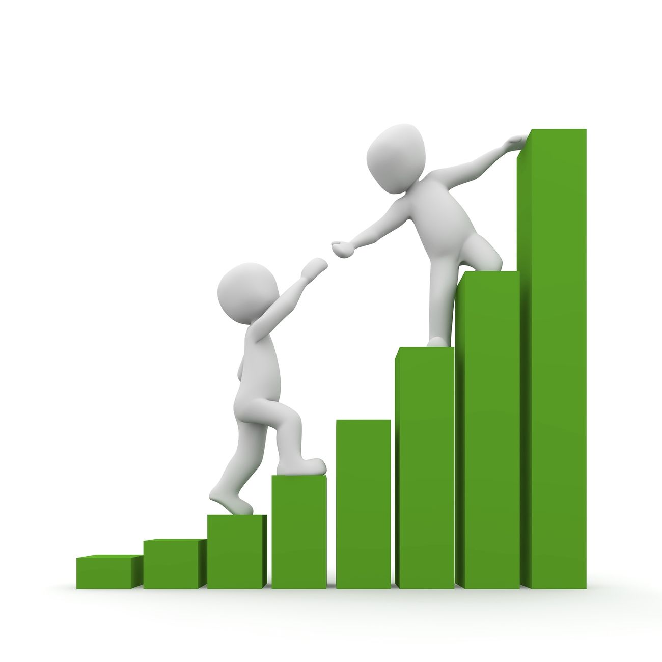 One person is depicted as helping another to climb an increasing bar graph. 