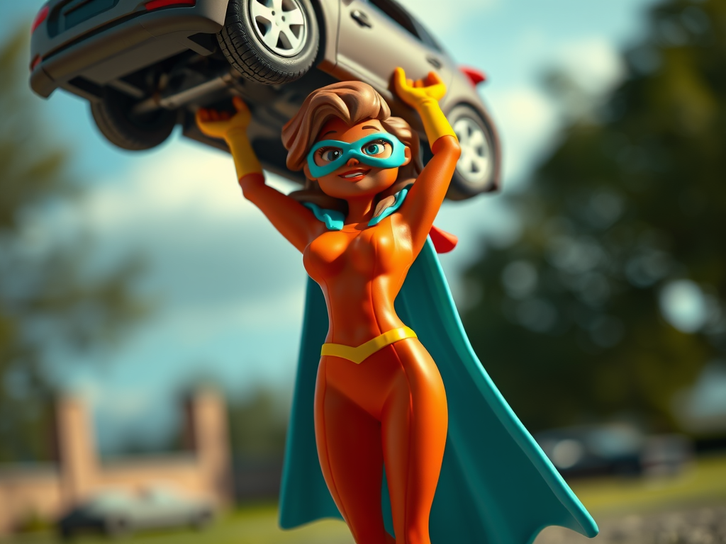 An adult female wearing brightly coloured lycra, a cape and a mask lifting a car above her head.
