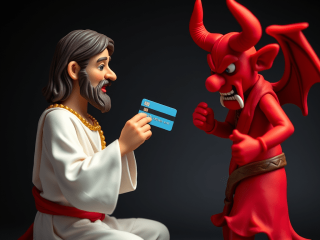 Jesus, in white paying ythe ranson by credit card to the devil with wings and hornd, in red.