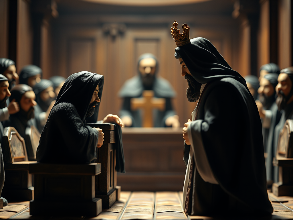 A court room. Jesus is in the dock being sentenced by the Father.