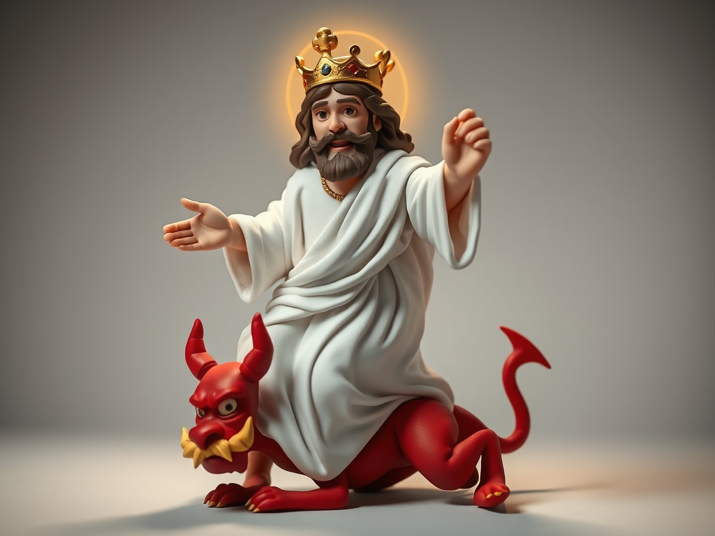 Jesus, dressed in white and with a crown is kneeling on a defeated Satan