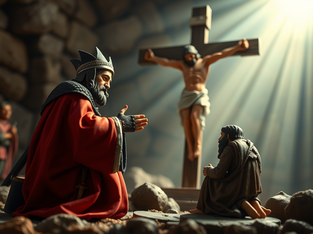 A feudal kiing in crown and robes and another man kneel looking at Jesus on the cross,