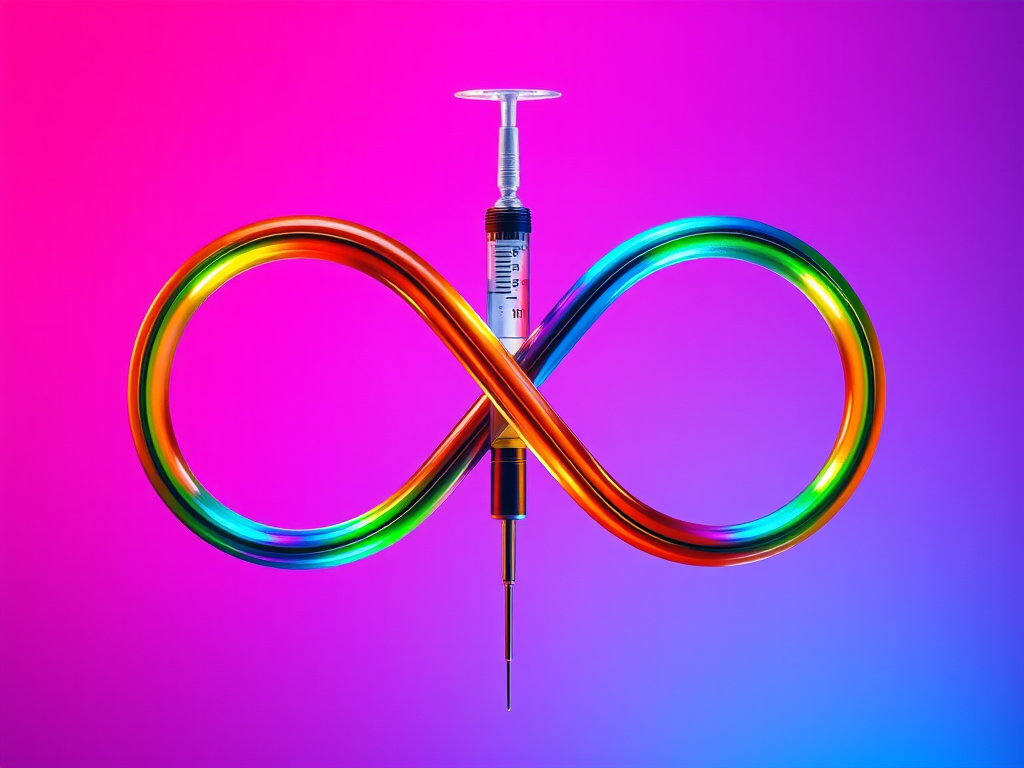A rainbow infinity sign and a hypodermic needle.
