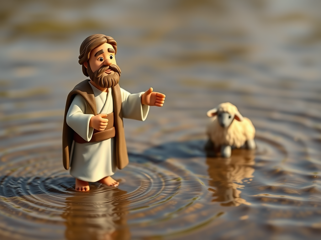 John the Baptist and a small lamb standing in the shallows of the river.