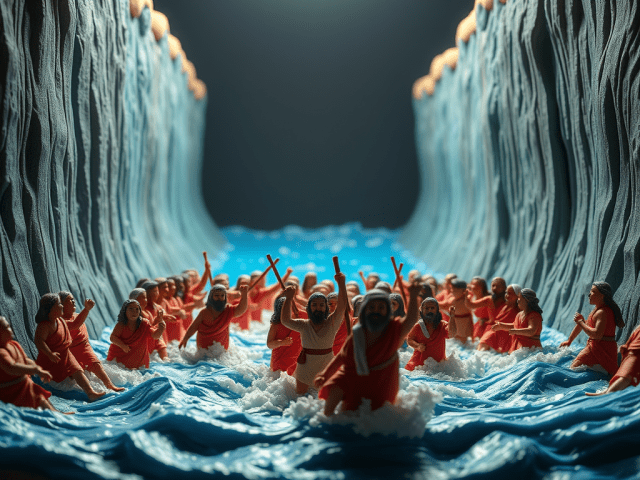 Ai generated image of a few Israelites crossing the Red Sea with walls of water on both sides. There are two few peole here, not the thousands of the Exodus.
