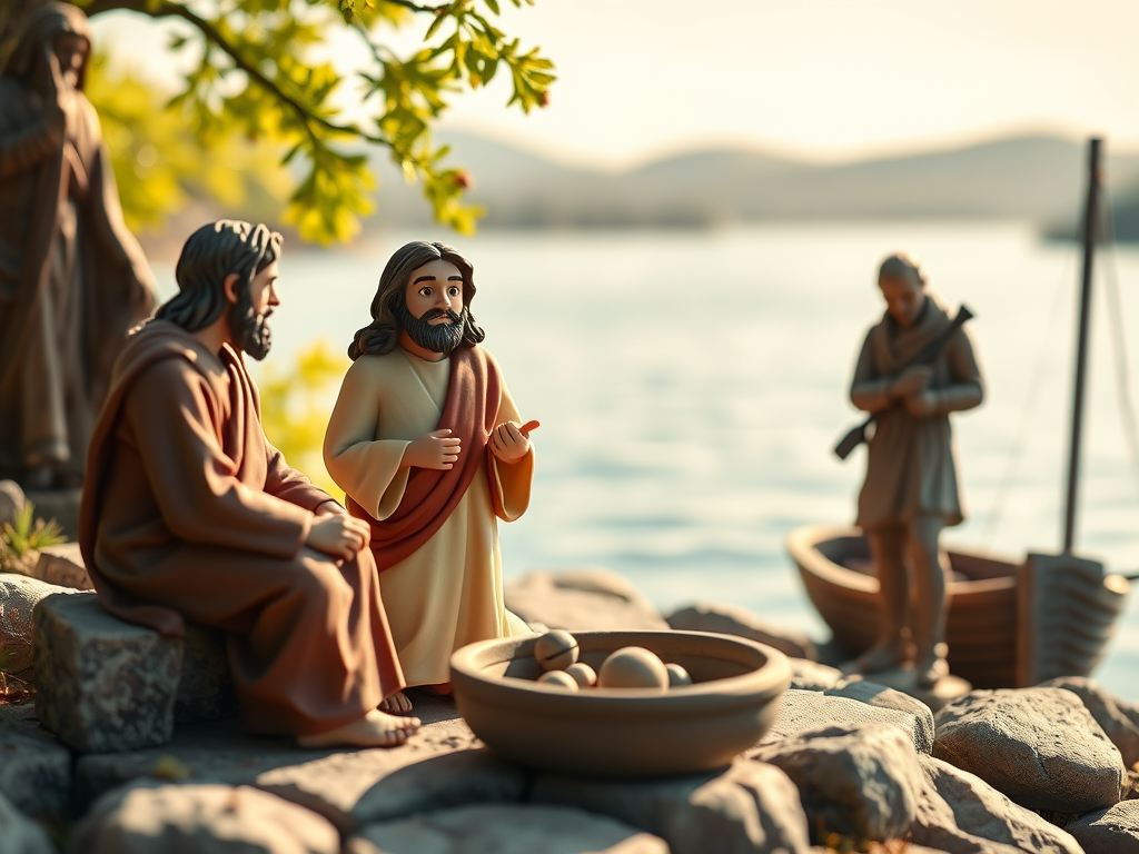 Jesus is talking with Peter and Andrew by a lakeside with a fishing boat, Peter is made out of stone.