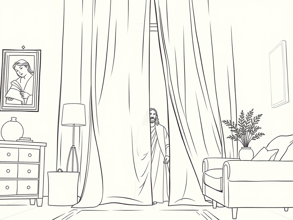 Jesus standing in a furnished room, almost fully hidden behind the curtain.