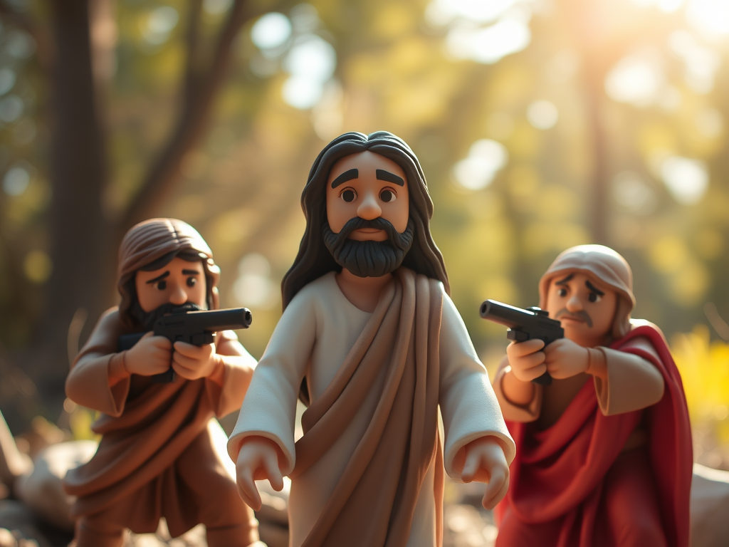 Jesus, with two men trying to sneak up on him unobserved.