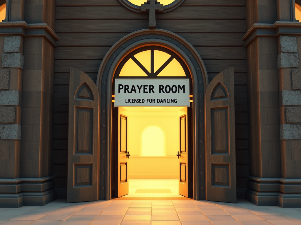 A doorway to a church with the caption, "Prayer Room, licensed for dancing."