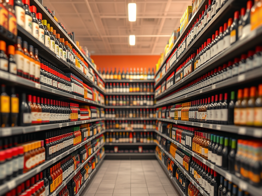 A fully stockes wine aisle in a supermarket.