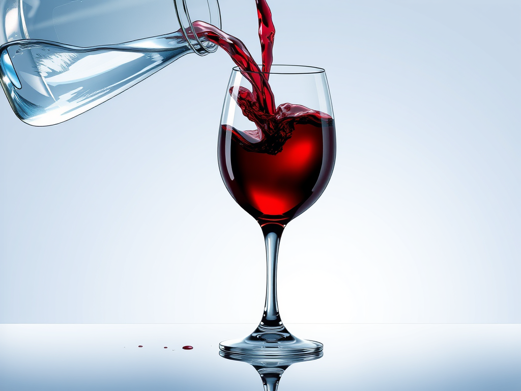 Clear water being poured from a jug becomes red wine when it lands in a wime glass.