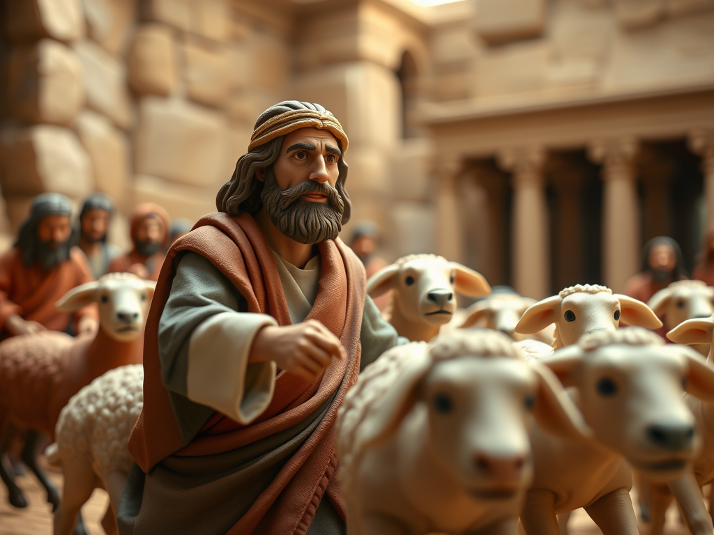 Jesus driving sheep out of the Temple.