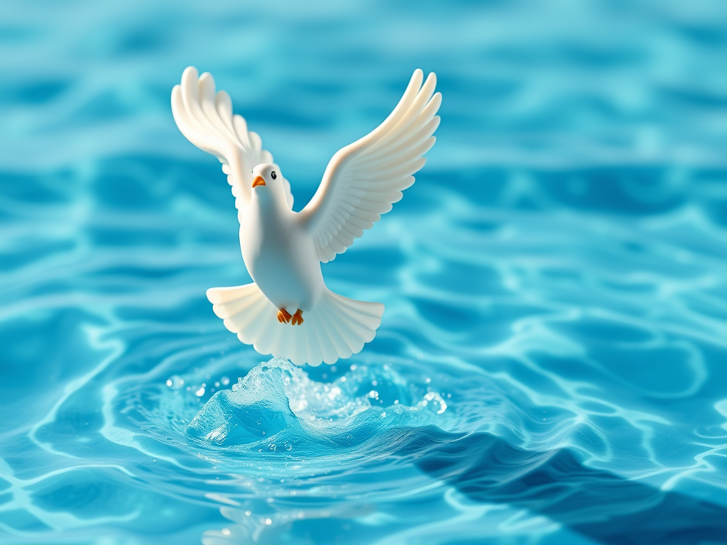 A white dove taking off from a clear sea.