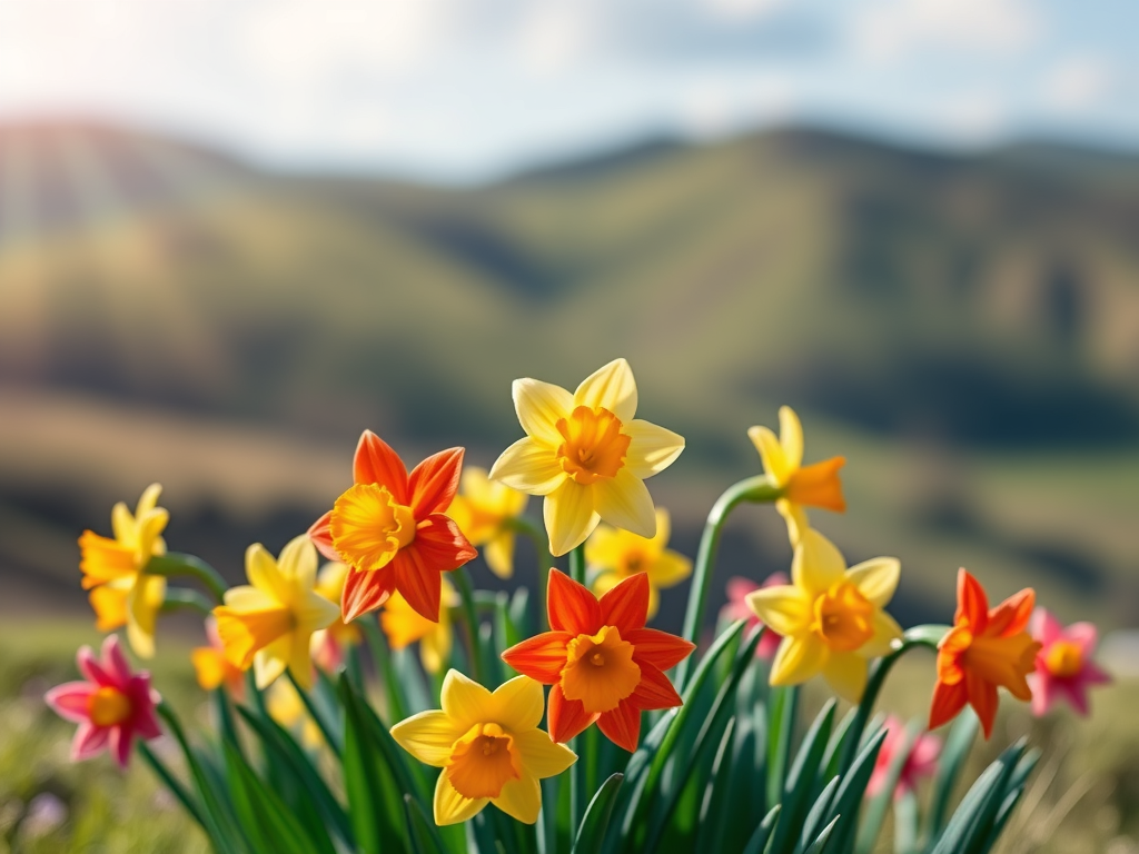 AI image, rainbow coloured daffodils on a hillside.