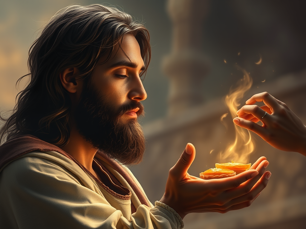 Jesus being offered freshly baked food.