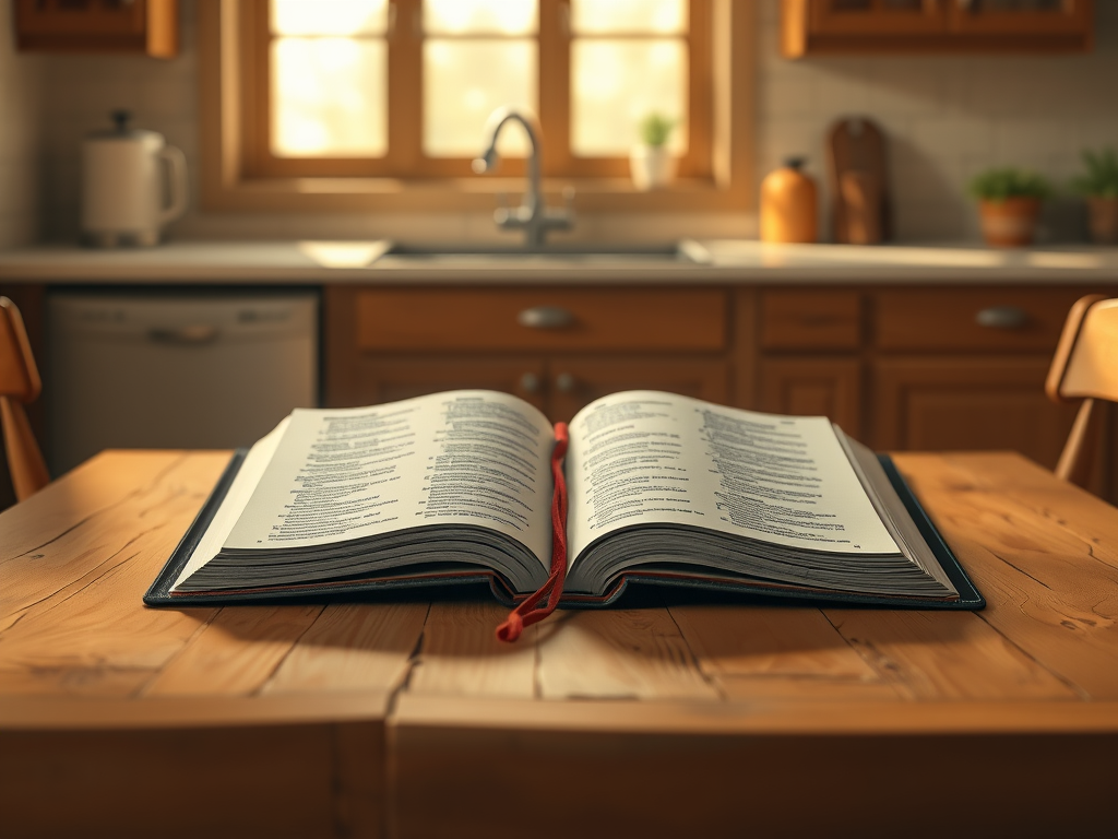 An open Bible on a kitchen table.