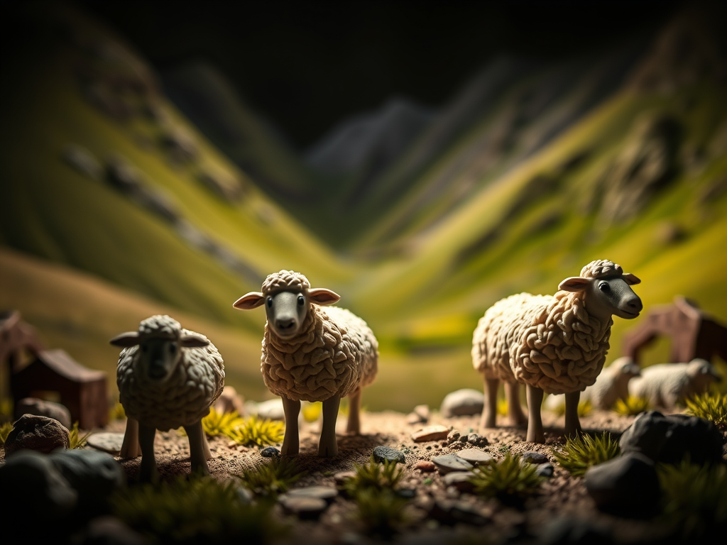 Sheep in the valley of the shadow of death. AI image in a clay craft style.