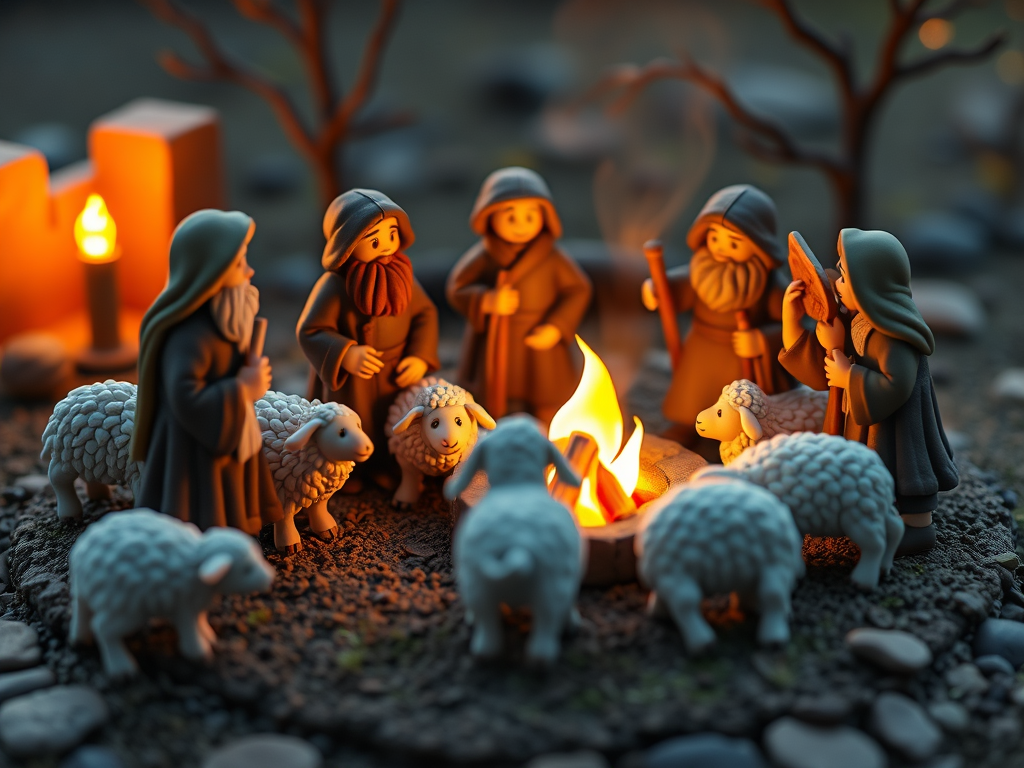 Shepherds and shepherdesses around a campfire. A cute AI image in clay craft style.
