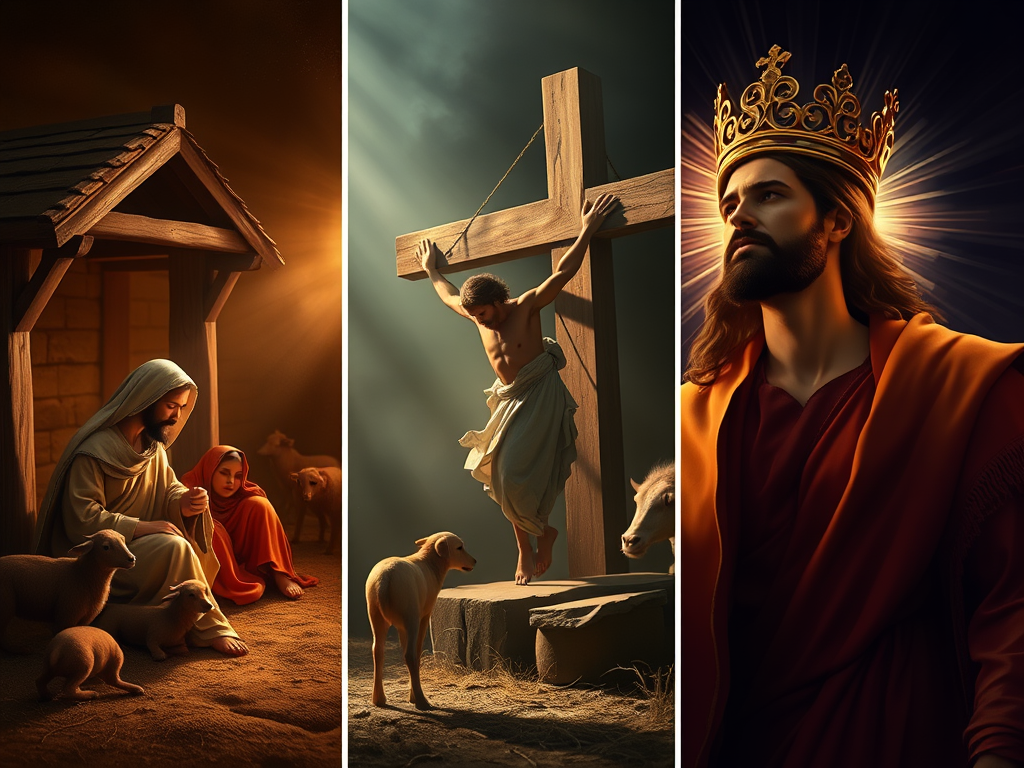 Three panels showing the nativity,crucifixion and glorious reign of Jesus Christ.