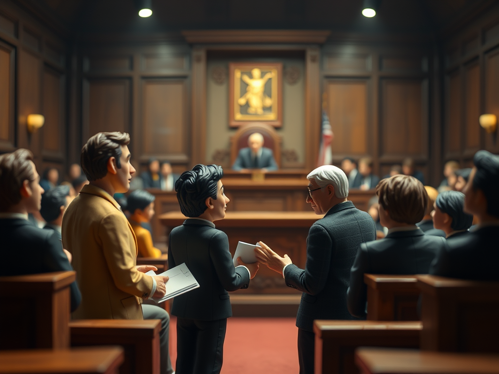 A scene from a courtroom drama, rendered in a craft clay style.