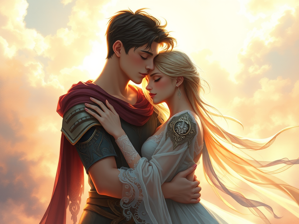 An image of a young man and a young woman in a fantasy Art style to reflect on this poem: Love is patient and kind; love does not envy or boast; it is not arrogant 5 or rude. It does not insist on its own way; it is not irritable or resentful; 6 it does not rejoice at wrongdoing, but rejoices with the truth. 7 Love bears all things, believes all things, hopes all things, endures all things.
