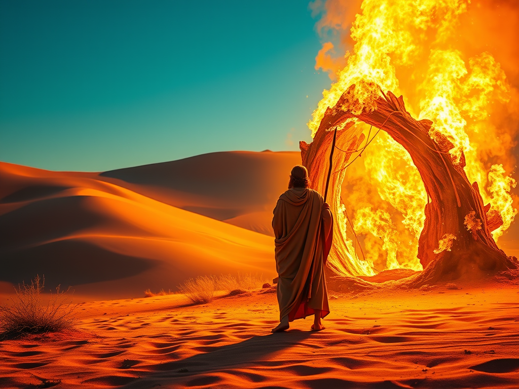 In the desert God speaks to Moses out of a burning bush. AI image.
