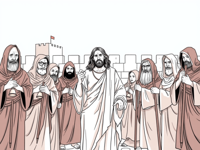 Outside a city wall, Jessus meets with 10 lepers, male and female, holding bells.