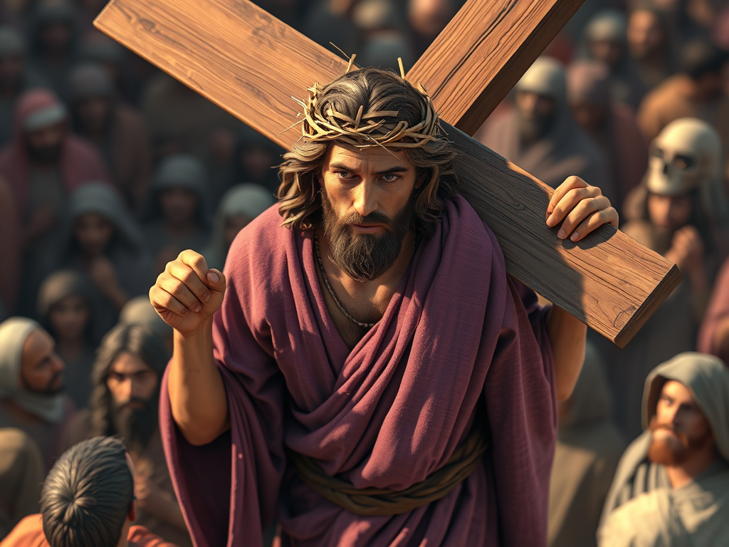 Jesus wearing a purple robe and crown of thorns carrying his cross through crowds of people.