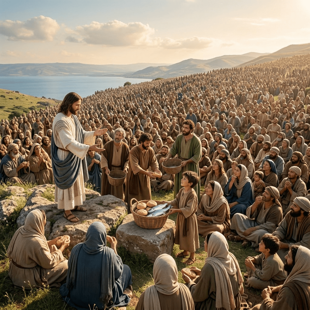 Jesus standing on a rock giving bread and fish to people seated and standing around him near a lake