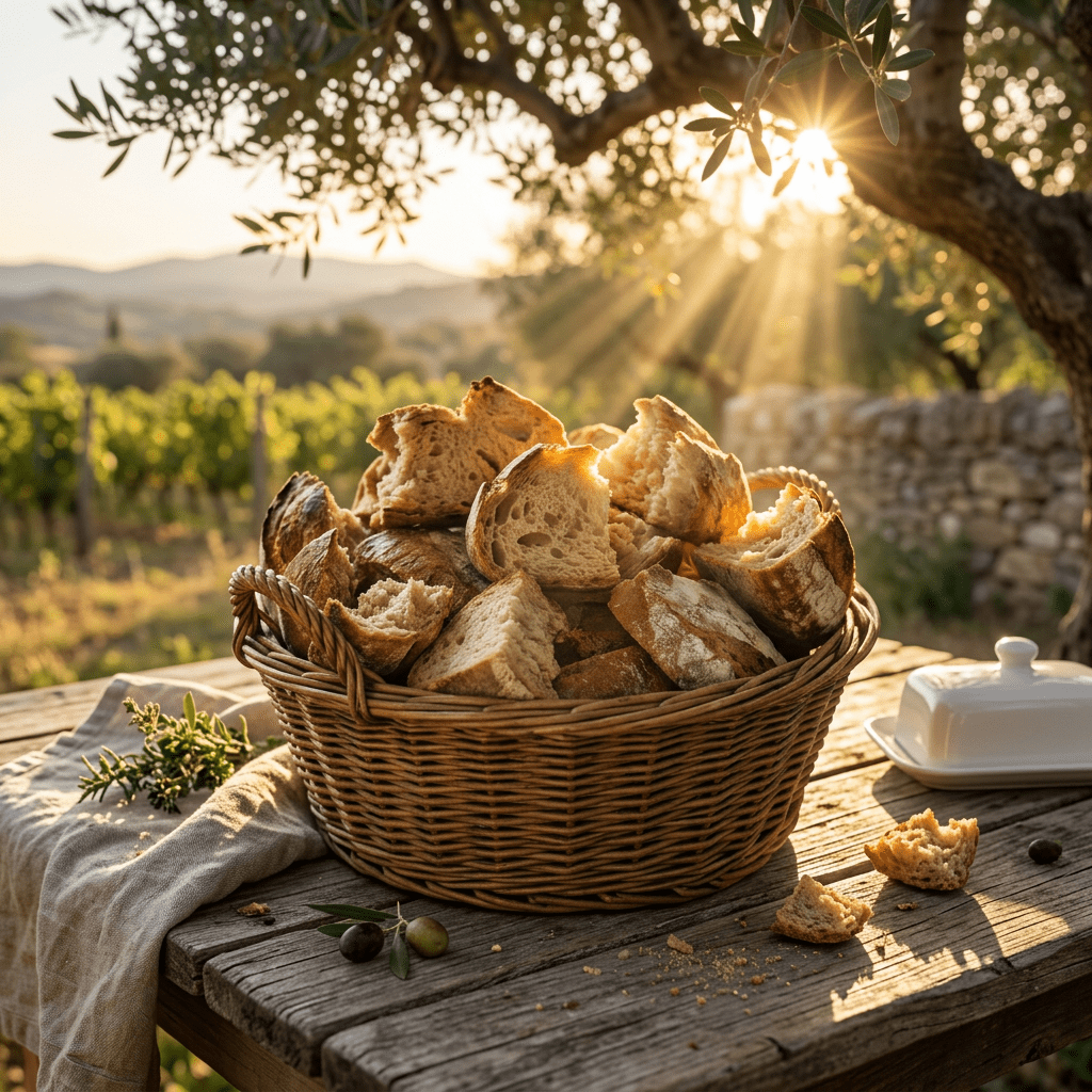 Basket filled with torn pieces of rustic bread on wooden table with sunlight.