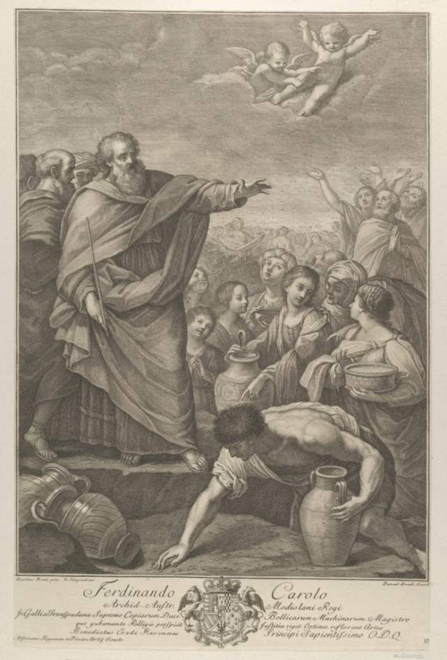 Moses at left with the Israelites who gather manna as it falls from the sky, two angels above