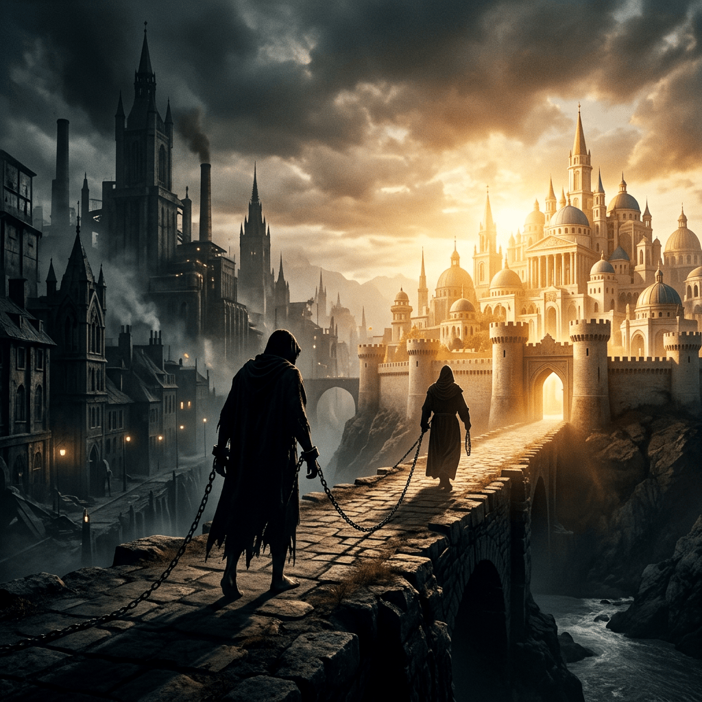 Two hooded figures chained together walking on a stone bridge toward a bright, glowing castle, with a dark industrial city behind them